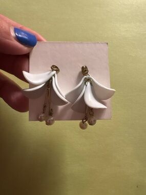 White Floral Petal Drop Earrings with Pearl Accents